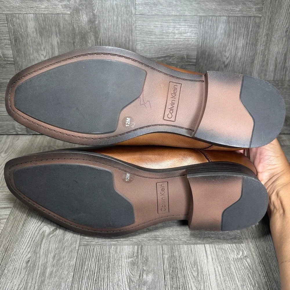 Calvin Klein Derby Shoes Mens 12 Cognac Brown Leather Textured Formal NEW